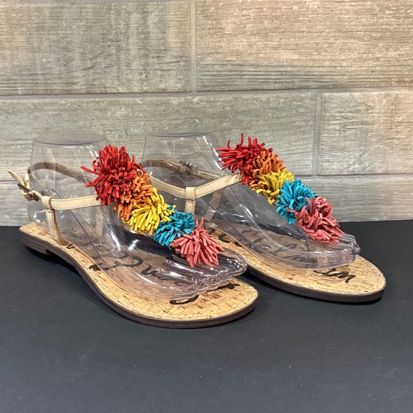 Sam Edelman Gates Leather Tan Rainbow Suede‎ Fringe T-Strap Sandals Womens 6.5M - Picture 1 of 8